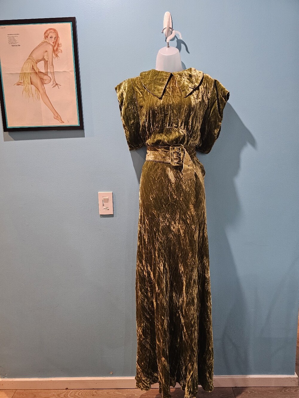 Vintage 1930's Chartreuse Crushed Velvet Hollywood Dress